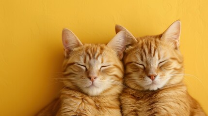 Delightful banner featuring two joyful cats with closed eyes on a bright yellow backdrop, ideal for adding cheerful vibes.
