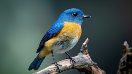 Fototapeta premium A small blue bird rests gracefully on a branch against a soft, dark natural backdrop, showcasing its vibrant feathers.