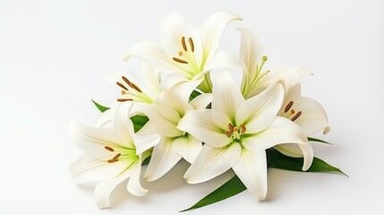 A stunning white lily flower, symbolizing purity, stands elegantly against a  white background, capturing natures beauty.