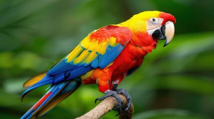 Obraz premium A vibrant red and yellow macaw perched gracefully, showcasing its stunning plumage against a soft, blurred backdrop.