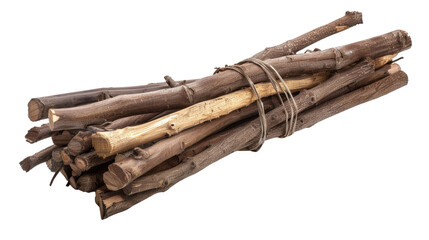 Bundle of dry branches tied with rope on transparent background