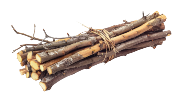 Bundle of thin dry branches tied with string on transparent background