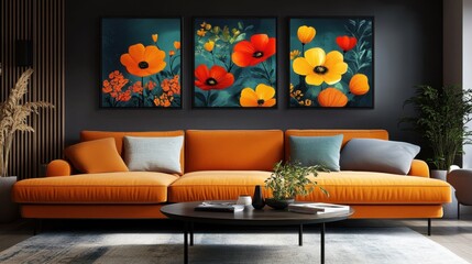 Contemporary living room with orange couch and floral art on dark walls