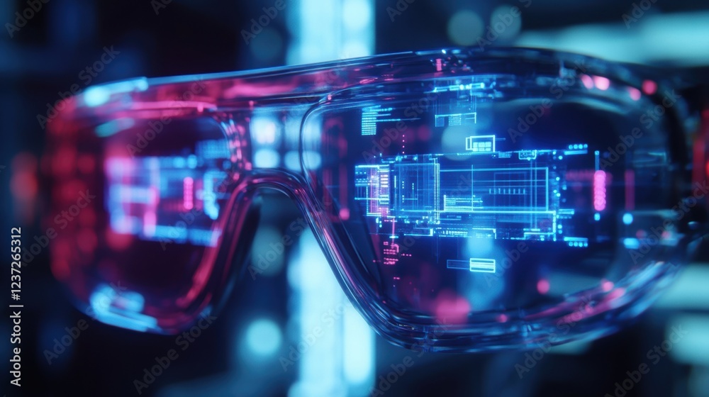 Poster innovative smart glasses project complex building schematics and data streams in augmented reality, 