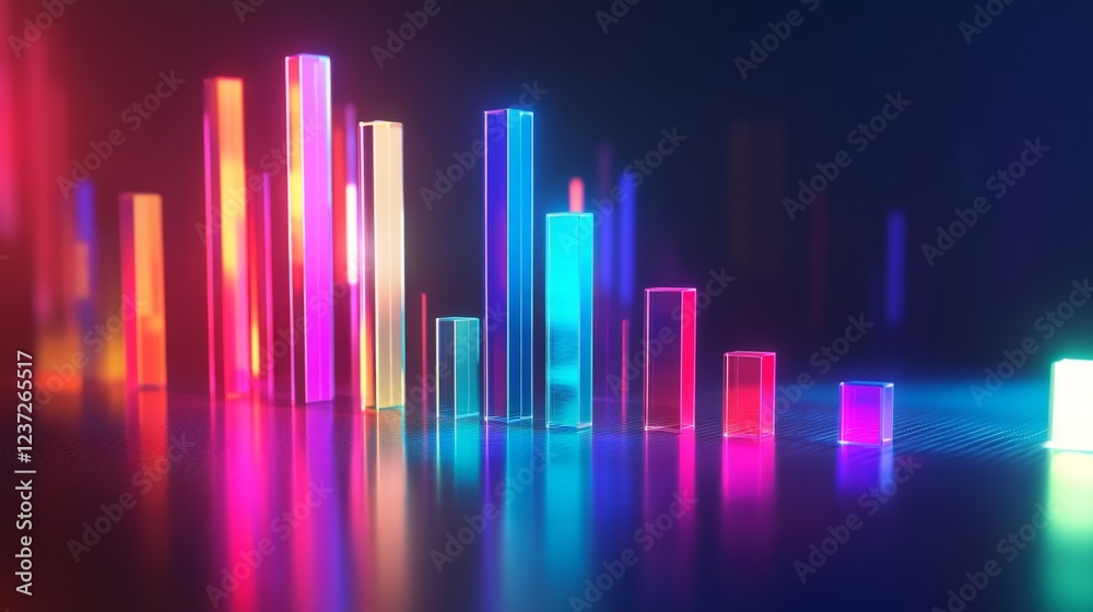 Poster a financial bar graph on a laptop screen with clear, vibrant bars in different colors, depicting mar