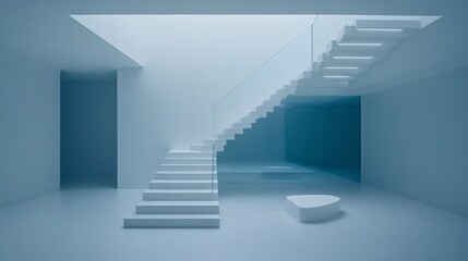 A floating staircase with white steps and a glass railing, leading to an open second floor, designed in a minimalist aesthetic with simple details
