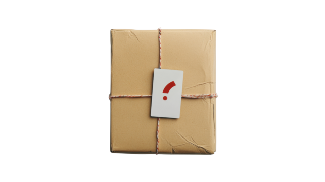 Cardboard package with question mark showing uncertainty in delivery