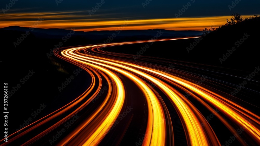 Poster a futuristic cityscape with streaking lights and glowing lines stretching across buildings, symboliz