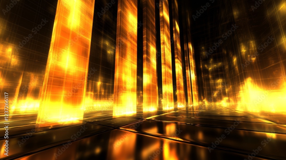Poster a futuristic, d financial bar graph with tall, glowing bars, highlighting the rise of stock values i