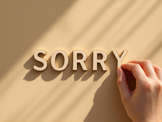 Sorry message with hand placing the last letter on a brown background.