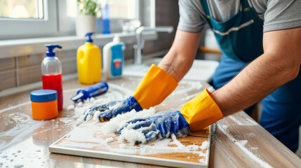 Cleaning kitchen surface with foam and gloves, demonstrating effective scrubbing