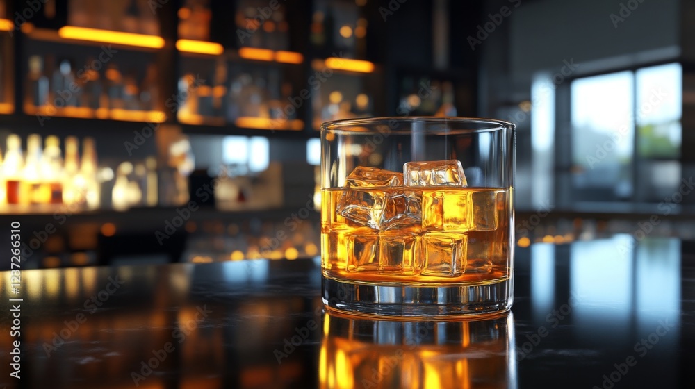 Poster A glass of beer with ice, sitting on a bar counter with reflections from the ice cubes and golden liquid, creating a refreshing and inviting atmosphere
