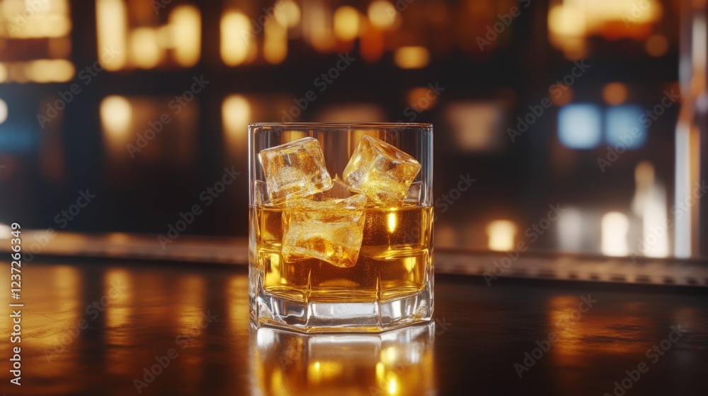 Poster A glass of beer with ice, sitting on a bar counter with reflections from the ice cubes and golden liquid, creating a refreshing and inviting atmosphere
