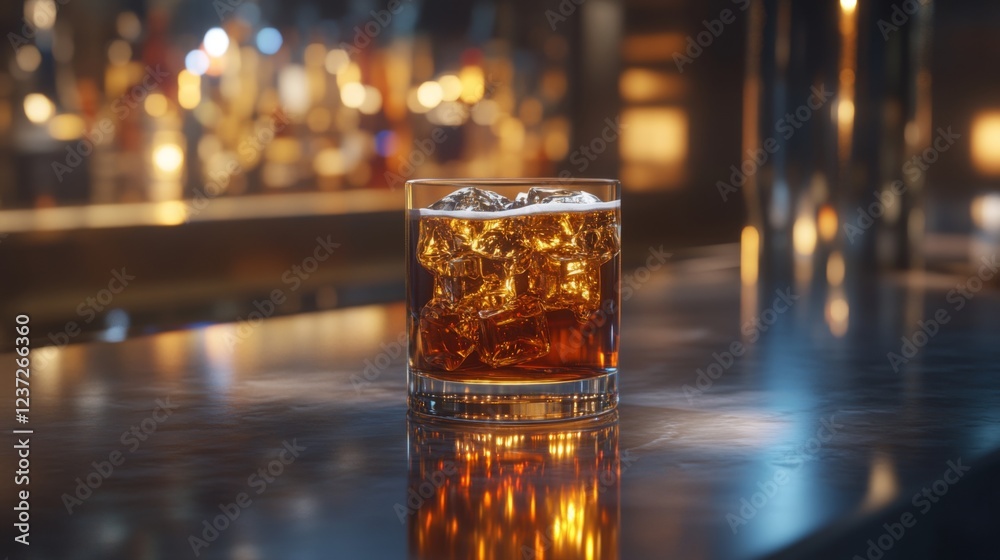 Poster A glass of beer with ice, sitting on a bar counter with reflections from the ice cubes and golden liquid, creating a refreshing and inviting atmosphere