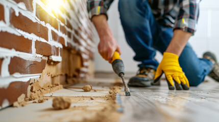 contractor working on renovation project, using tool to remove flooring