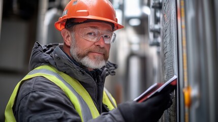 Mature male engineer in safety gear inspecting industrial equipment at construction site