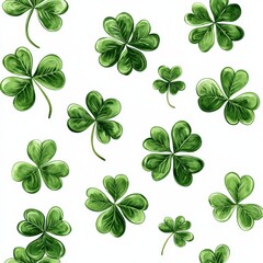 A seamless watercolor shamrock pattern on a white background. Ideal for festive decorations, St. Patrick's Day, and Irish-themed designs.