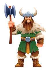 Viking character with green tunic, fur, and horns holding an axe. Vector cartoon illustration