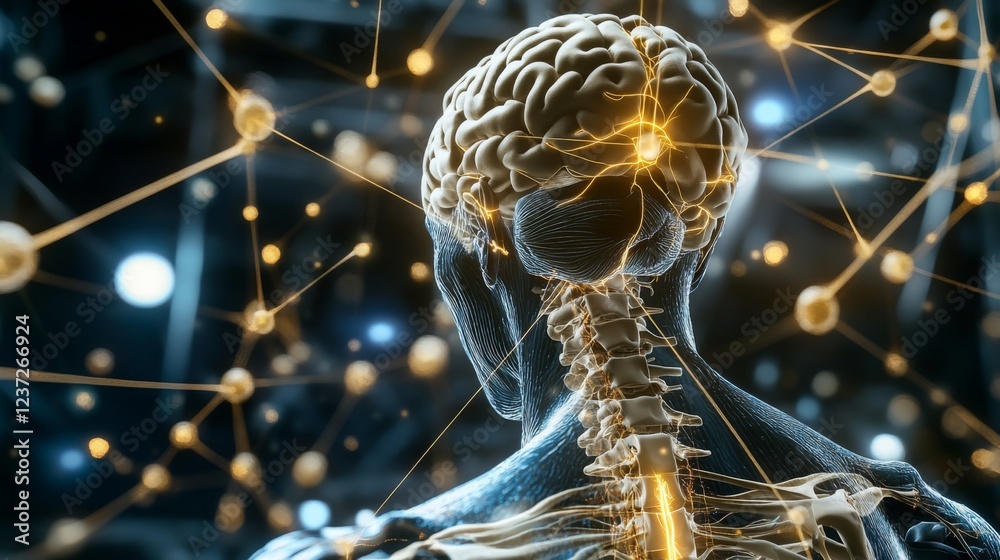 Poster a high-quality close-up of the human nervous system, including spinal cord and nerve connections, di