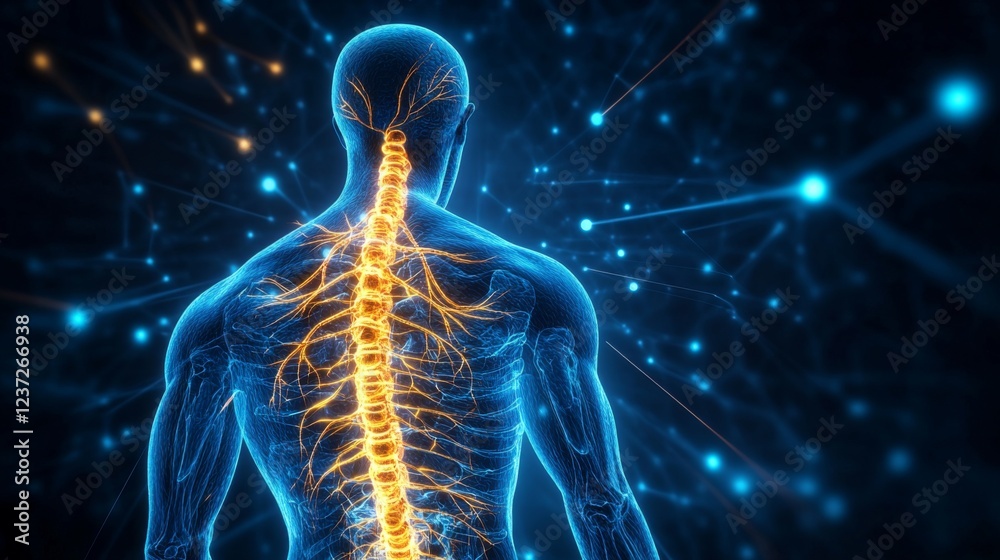 Poster a high-quality close-up of the human nervous system, including spinal cord and nerve connections, di