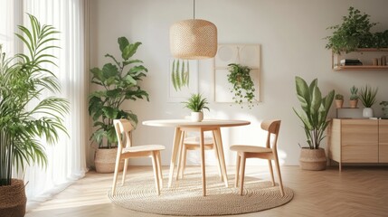 Cozy dining room with wooden furniture and indoor plants in sunlit space