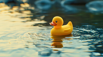 A yellow rubber duck floating on clear water, with reflections and smooth surface texture.