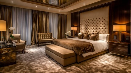 A luxurious bedroom featuring a tufted velvet headboard, opulent curtains, and a plush carpet, with sleek, modern furniture and soft lighting