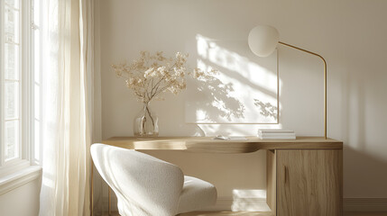 Sunlit minimalist workspace with a wooden desk, comfortable chair, and dried flowers.