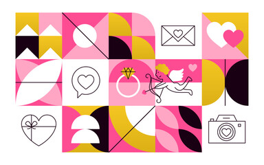 Geometrical Line Valentines Day Banner. Vector Illustration of Outline and Flat Style. Love Romance Holiday. Heart Couple.