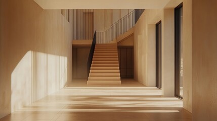 Naklejka premium A light-filled hallway featuring a minimalist staircase with light-colored wooden steps, a subtle black railing, and a spacious, open design