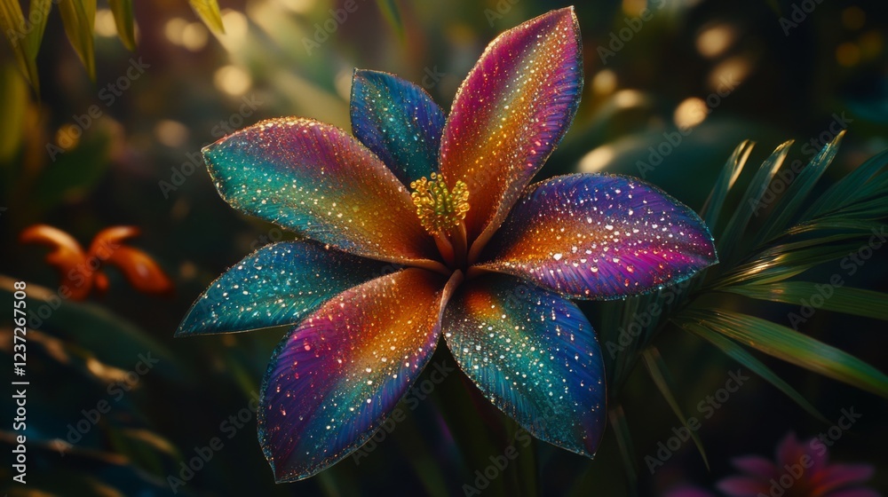 Poster A macro shot of a colorful flower with sparkling water droplets on its petals, set against a blurred background of green foliage