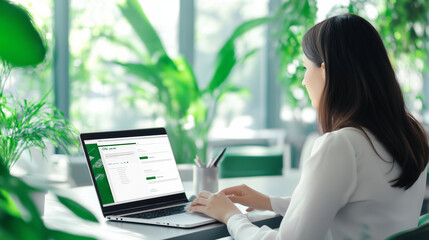 A woman at a coworking space, surrounded by other professionals, her laptop screen showing a business proposal while sleek decor and greenery add a modern touch.