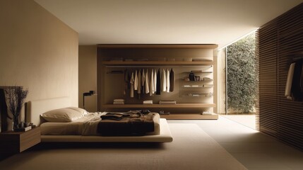 Fototapeta premium A minimalist bedroom with a simple bed and neutral tones, an open closet with hanging clothes, and no excessive decor, embodying simplicity