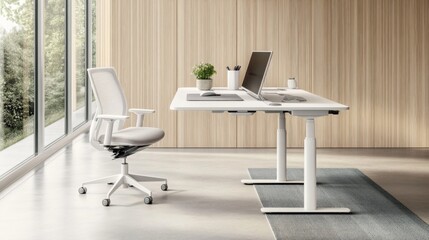 A minimalist home office with a minimalist desk, a laptop, a chair, and a small indoor plant, with a bright window creating an inviting and organized space