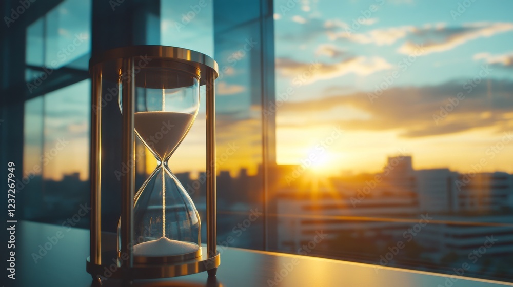Aufkleber A modern hourglass with a metallic frame, sitting on a minimalist desk with soft sunlight filtering through a window, capturing the essence of time and precision