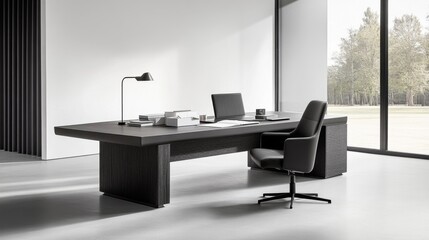 A minimalist workspace with a large desk, simple stationery, and a minimalistic lamp, set against clean white walls and ample natural light