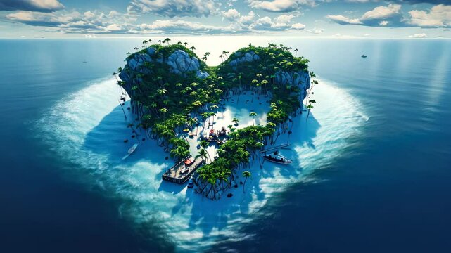 Heart-shaped island in the blue ocean, a unique and romantic isle concept, Ai Generated