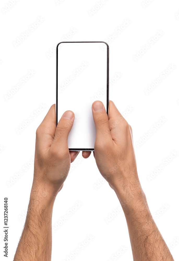 Aufkleber man holding blank modern smartphone with two hands, texting or sending message over white background