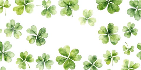 A seamless watercolor shamrock pattern on a white background. Ideal for festive decorations, St. Patrick's Day, and Irish-themed designs.