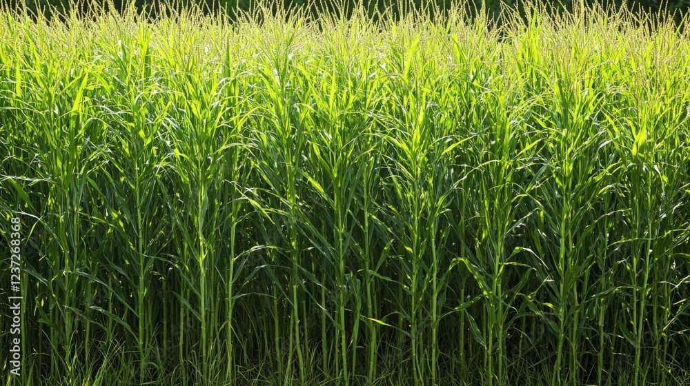 Poster a panoramic view of a vibrant green cornfield under a clear sky, with sunlight filtering through the