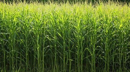 Obraz premium A panoramic view of a vibrant green cornfield under a clear sky, with sunlight filtering through the tall plants, showcasing the vitality of the crop