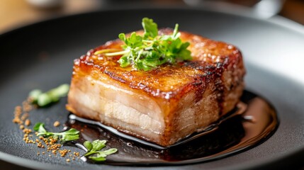 A perfectly fried pork belly with a crispy texture and golden color, served with a drizzle of fish sauce on top, placed on a black plate with a minimalist background