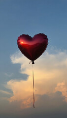 Fototapeta premium A red heart balloon floats against a blue sky with clouds Vertical Mobile Wallpaper