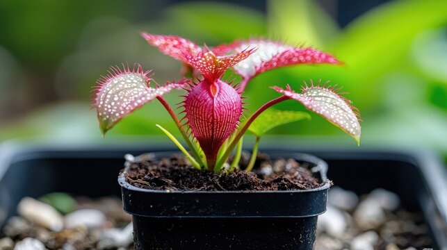 Red Venus flytrap plant in a pot, garden background, botanical study
