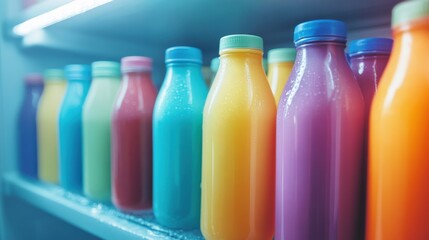 Multiple colorful yogurt drink bottles arranged neatly in a refrigerator shelf, with the door slightly open and soft light highlighting the condensation on the bottles.