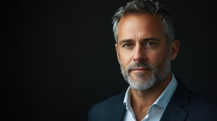 Obraz premium Confident mature man with gray hair in suit against dark background