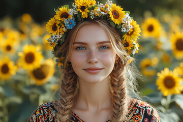 A beautiful woman with long hair adorned with a sunflower headband. She showcases a trendy hairstyle and stunning beauty.