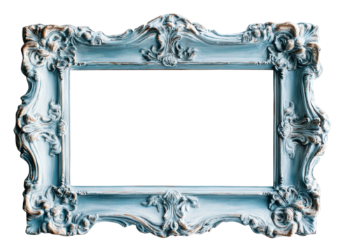 Ornate vintage frame in light blue color isolated on transparent background