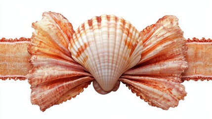 Obraz premium Seashell bow with lace ribbon - elegant decoration on white background