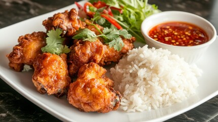 Fototapeta premium A plate of perfectly fried chicken with a crisp exterior, served with aromatic rice, fresh herbs, and a small bowl of dipping sauce, all set on a simple plate